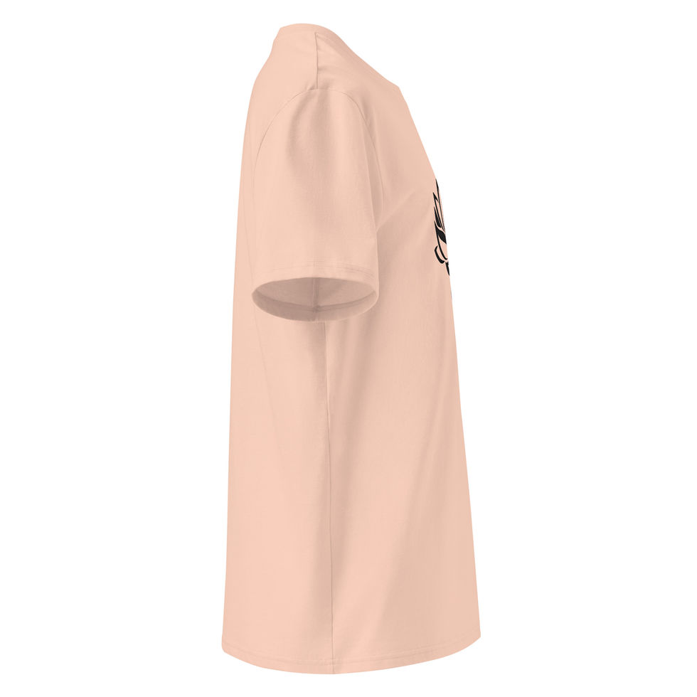 Side view of a light pink t-shirt with graphic design detail.