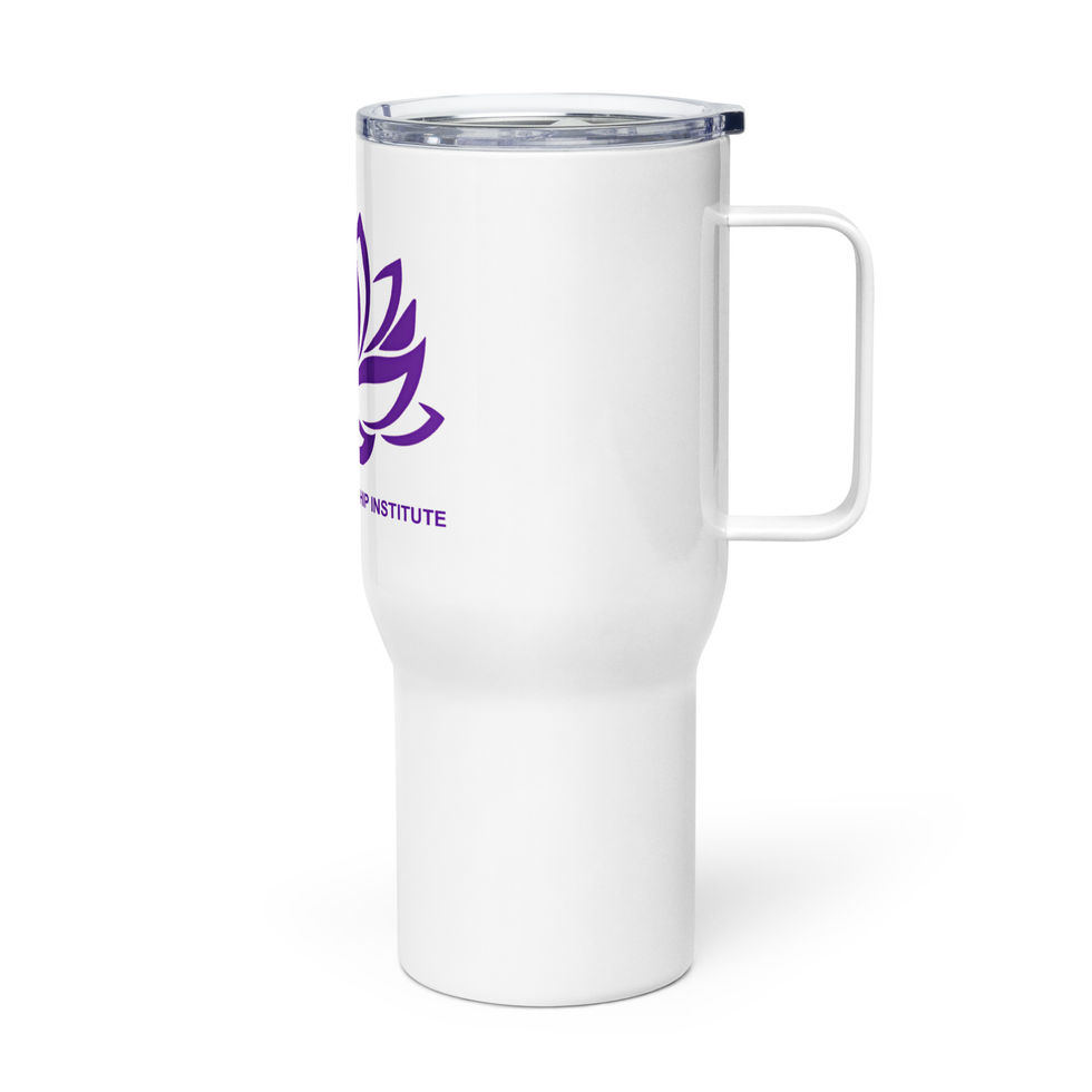 White travel mug with purple logo Conscious Leadership Institute displayed on its side.