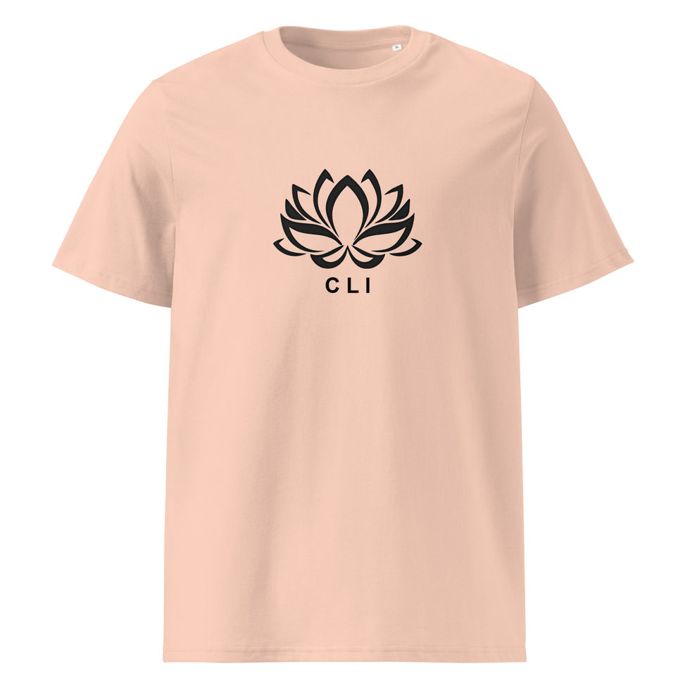 Pink t-shirt featuring a black lotus flower design, and the letters CLI.