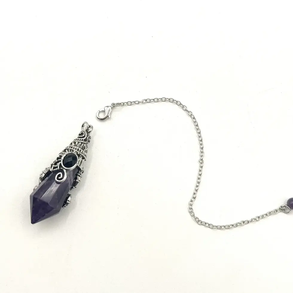 Amethyst 12 Faceted Gemstone Antique Silver Color Pendulum with chain, isolated on white background