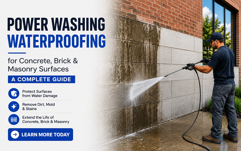 Professional power washing and waterproofing of a concrete brick and masonry wall to protect surfaces from moisture damage and extend durability.