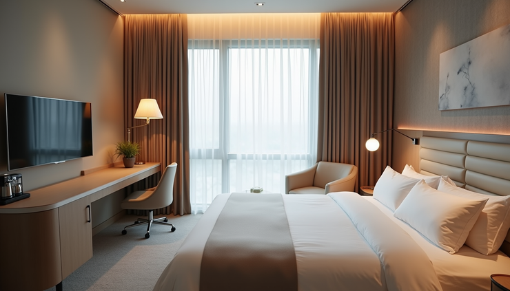 Eye-level view of a cozy hotel room with a large bed and modern amenities