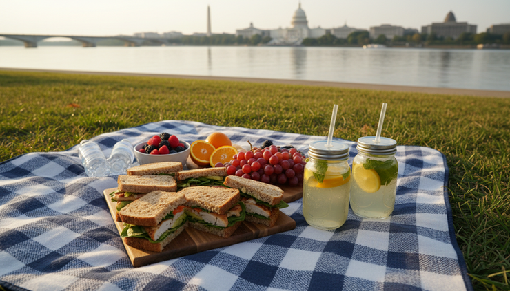 Overhead view of a picnic spread near the Potomac River with the DC skyline in the distance.