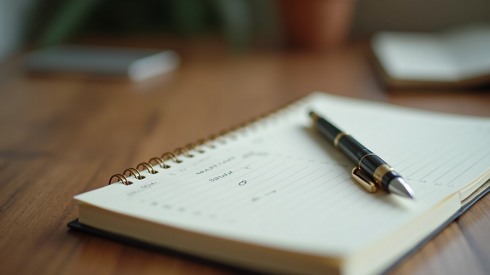 Close-up view of a journal and pen on a wooden table, symbolizing reflection and healing