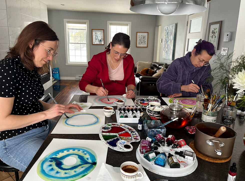 Small group of women at a KDSIGN art workshop exploring watercolour techniques in a relaxed environment