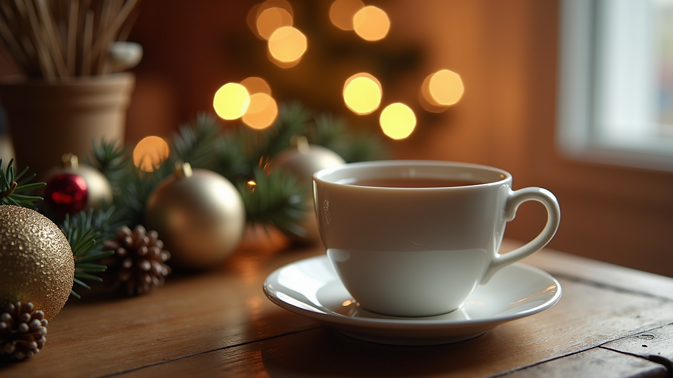 Close-up view of a cup of hot tea on a table with Christmas decorations in the background