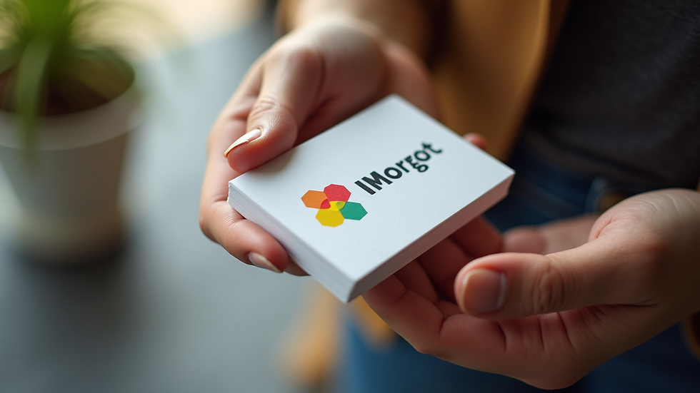 Close-up view of a vibrant logo design on a business card held by a person