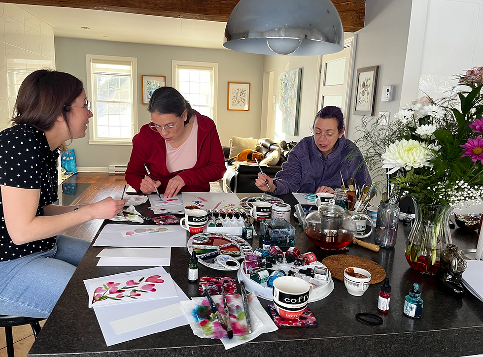 group of women painting in watercolour at a KDSIGN art workshop 