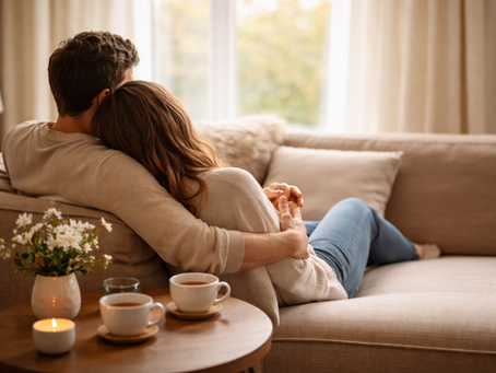 Couple embraces on a beige sofa in a cozy living room. Lit candle and flowers on a table. Warm, relaxed atmosphere with natural light.