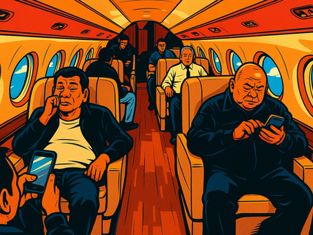 Passengers in a colorful airplane cabin, using smartphones. Bright orange and blue hues dominate the interior. Cloudy sky visible through windows.