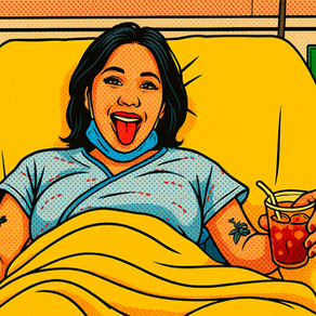 Woman in hospital bed with mask under chin, sipping a drink, smiling with tongue out. Bright yellow sheets, comic-style illustration.