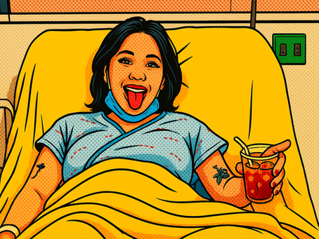 Woman in hospital bed with mask under chin, sipping a drink, smiling with tongue out. Bright yellow sheets, comic-style illustration.