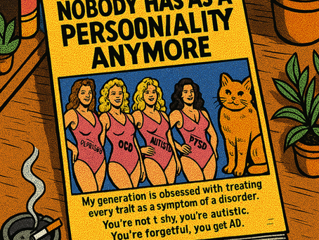 Illustrated magazine cover titled “Nobody Has a Personality Anymore” featuring four women in pink swimsuits labeled “Depression,” “OCD,” “Autistic,” and “PTSD,” standing beside an orange cat on a wooden table with houseplants and a smoking ashtray in view. The cover text criticizes how modern culture labels every emotion as a disorder.