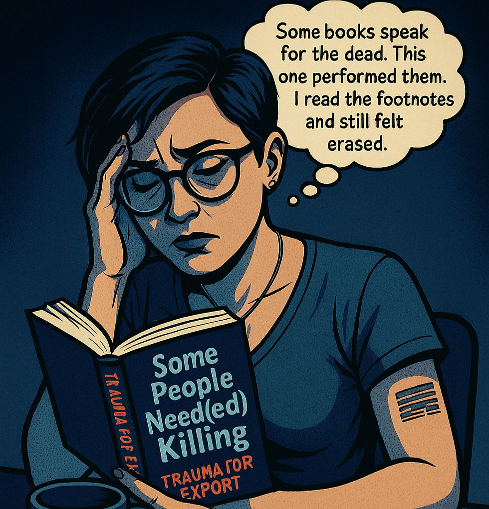 A person reads a book titled "Some People Need(ed) Killing" with thought bubble: "Some books speak for the dead..." in a dim room, wearing glasses.