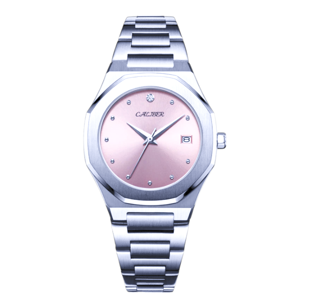 Caliber Watches Flamingo Pearl – Pink dial watch with a stainless steel bracelet, date display, and refined markers.