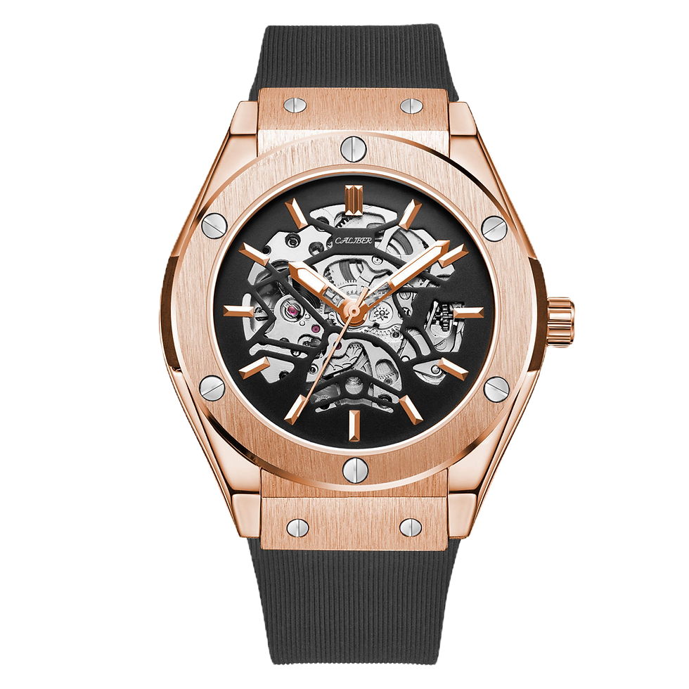 Caliber Watches Beretta Eclipse – Rose gold skeleton watch with black strap and open-heart dial. 	2.	Side Profile: