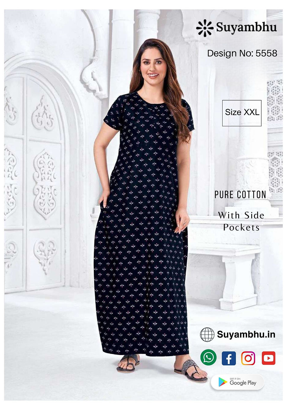 Pure Cotton Nighty Stitched | XXL | With Side Pocket | D.No : 5558