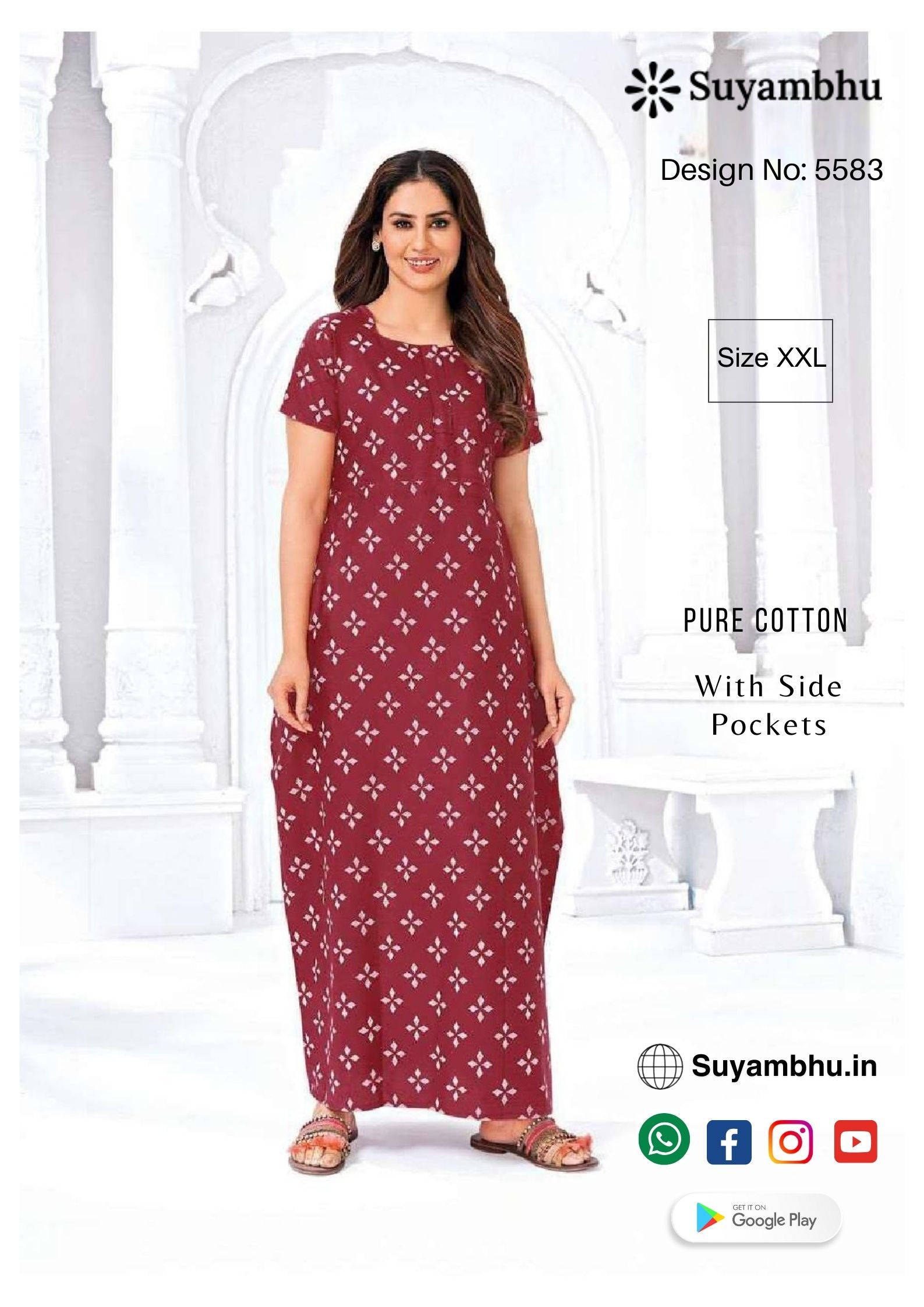 Pure Cotton Nighty Stitched | XXL | With Side Pocket | D.No : 5583