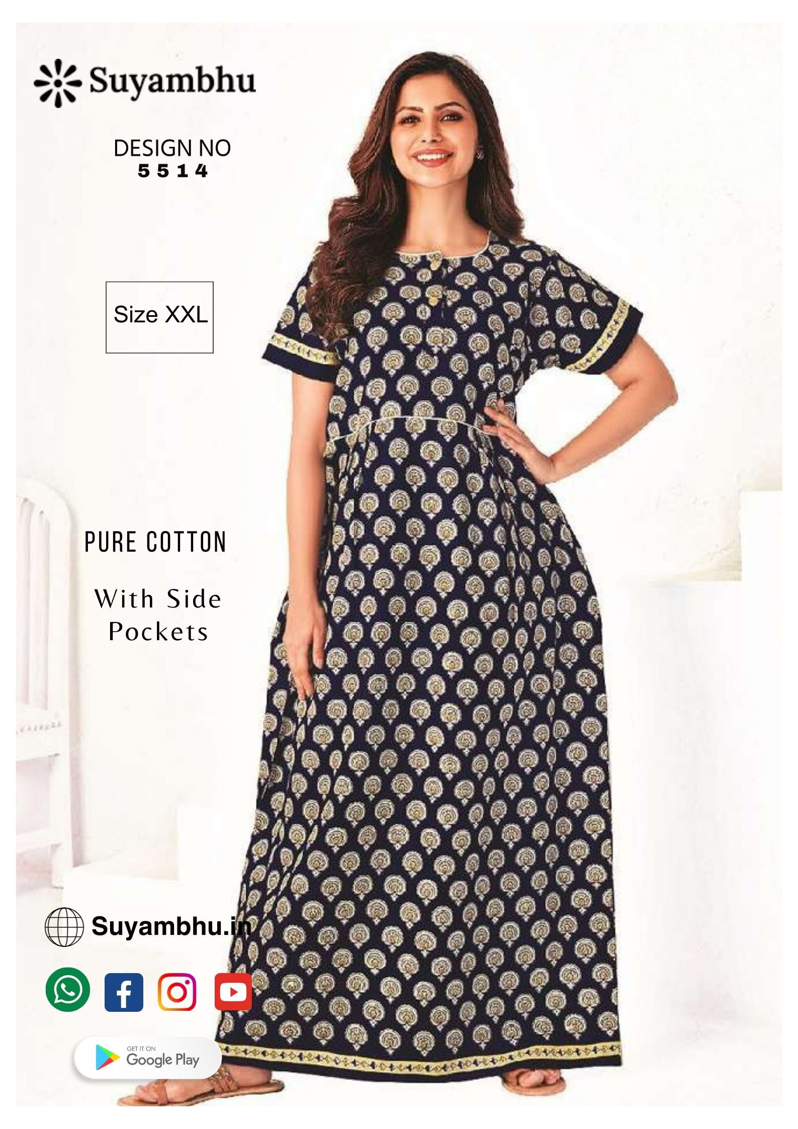 Pure Cotton Nighty Stitched | XXL | With Side Pocket | D.No : 5514