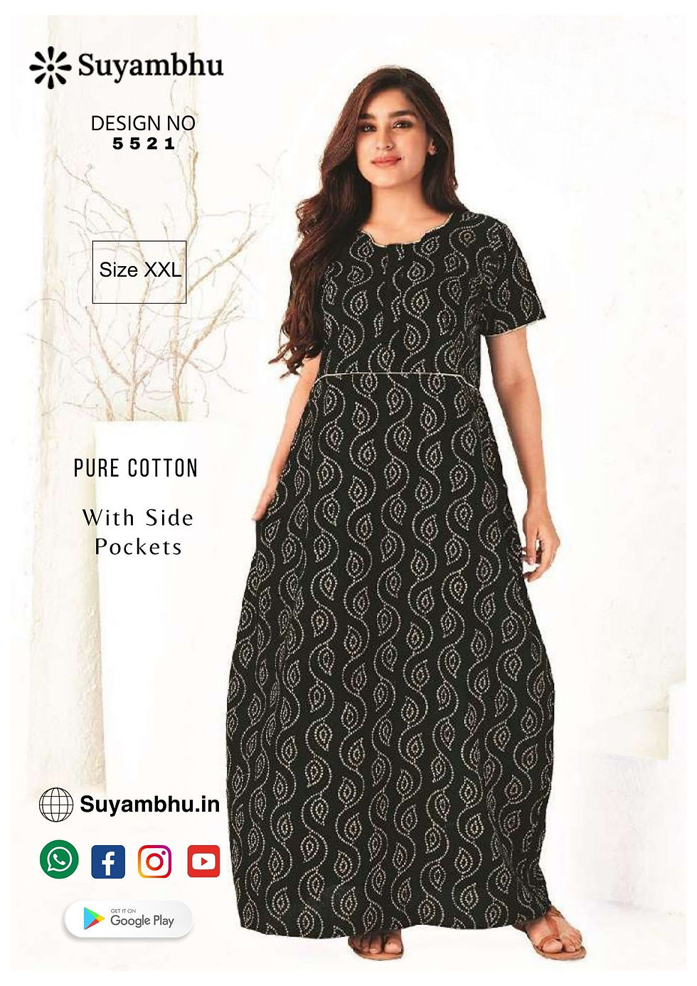 Pure Cotton Nighty Stitched | XXL | With Side Pocket | D.No : 5521