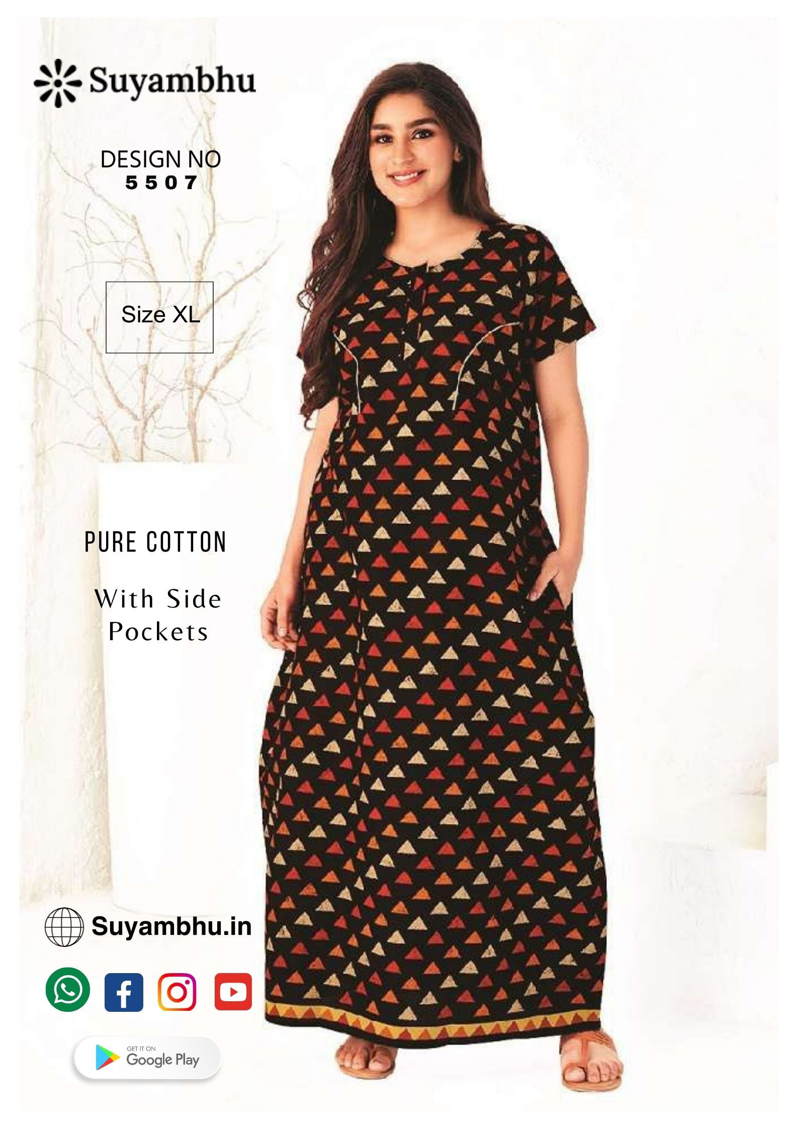 Pure Cotton Nighty Stitched | XL | With Side Packet | D.No: 5507