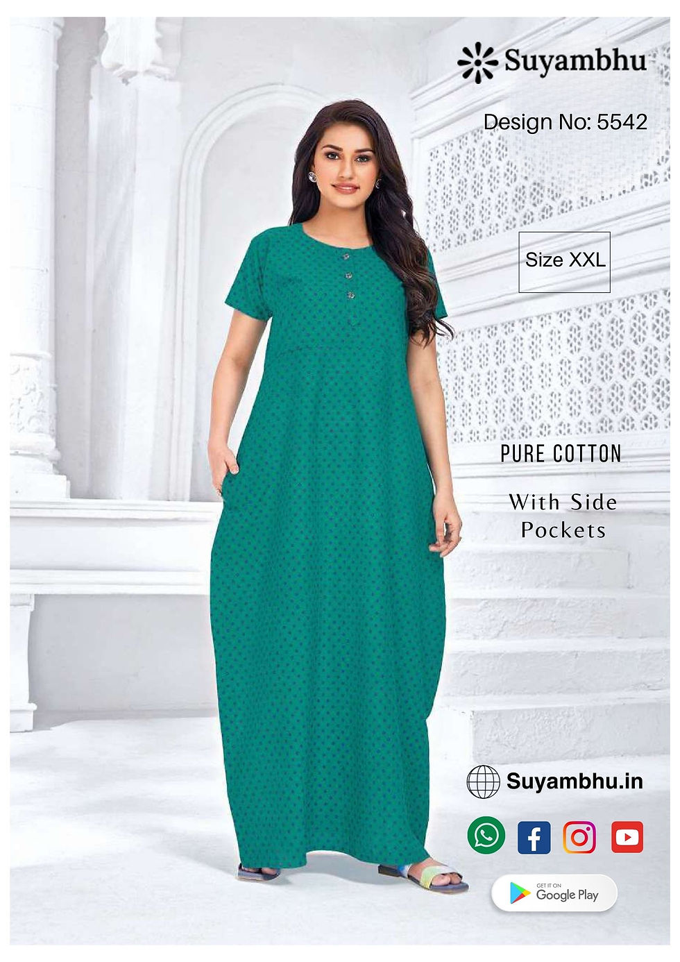 Pure Cotton Nighty Stitched | XXL | With Side Pocket | D.No : 5542