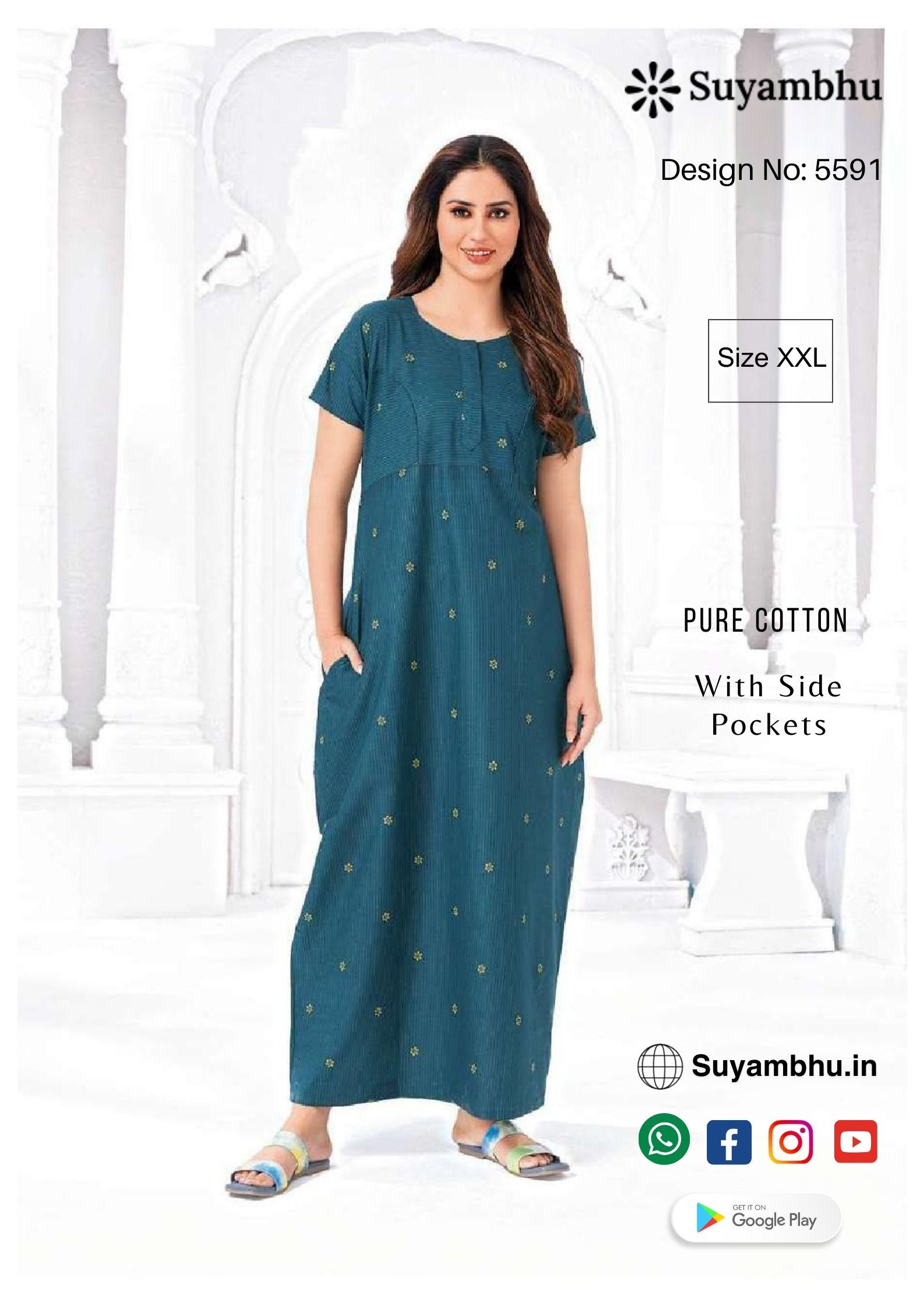 Pure Cotton Nighty Stitched | XXL | With Side Pocket | D.No : 5591