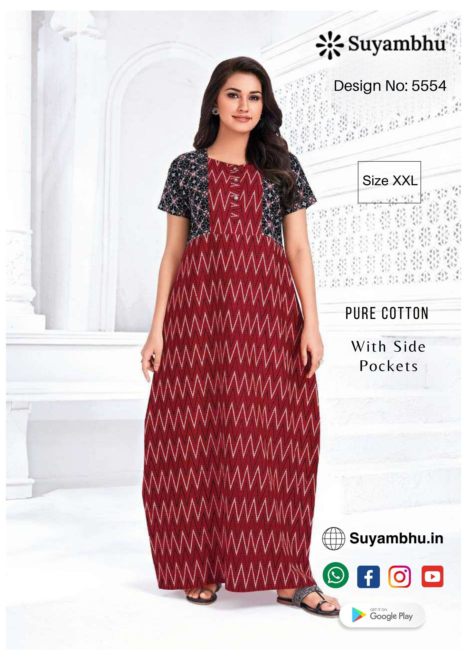 Pure Cotton Nighty Stitched | XXL | With Side Pocket | D.No : 5554