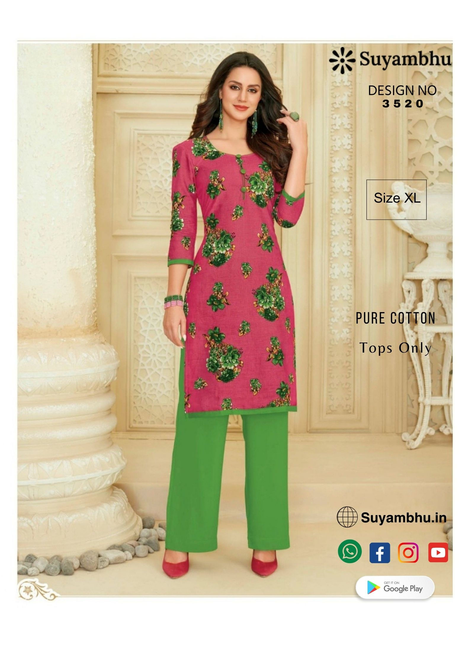 Pure Cotton Kurtis Stitched | XL | D.No: 3520 | Tops Only