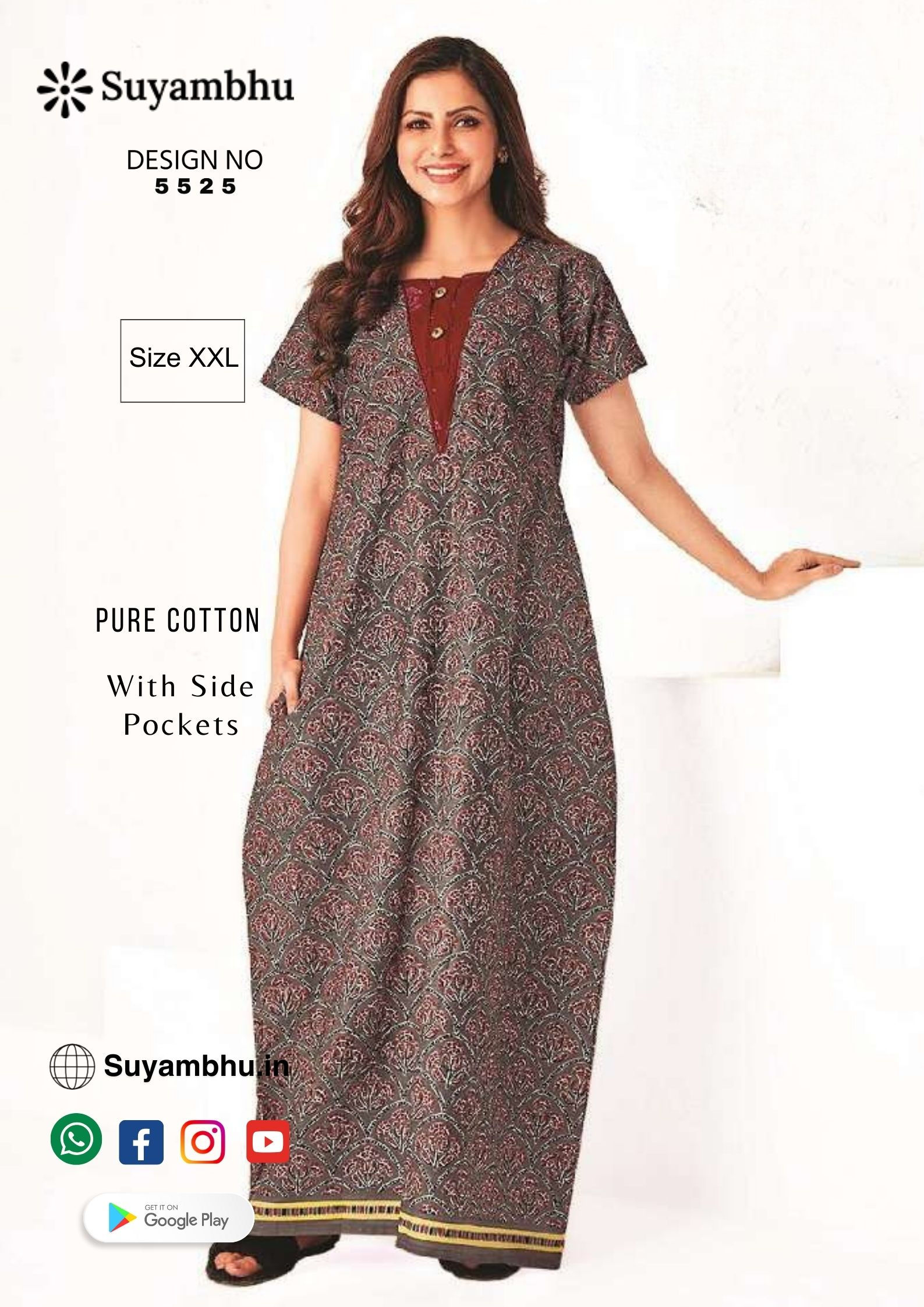 Pure Cotton Nighty Stitched | XXL | With Side Pocket | D.No : 5525