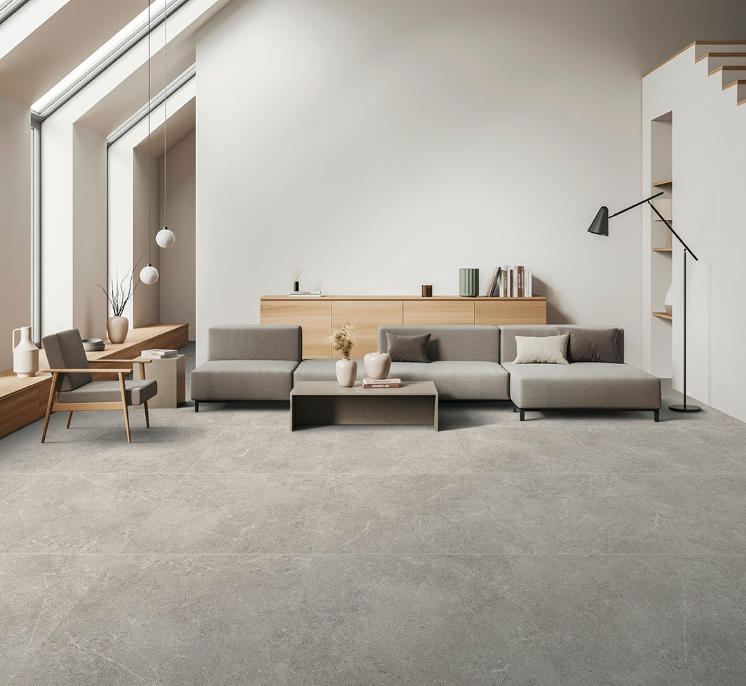 Ambientazione piastrella gres porcellanato effetto pietra Calcarea 80x80 Greige