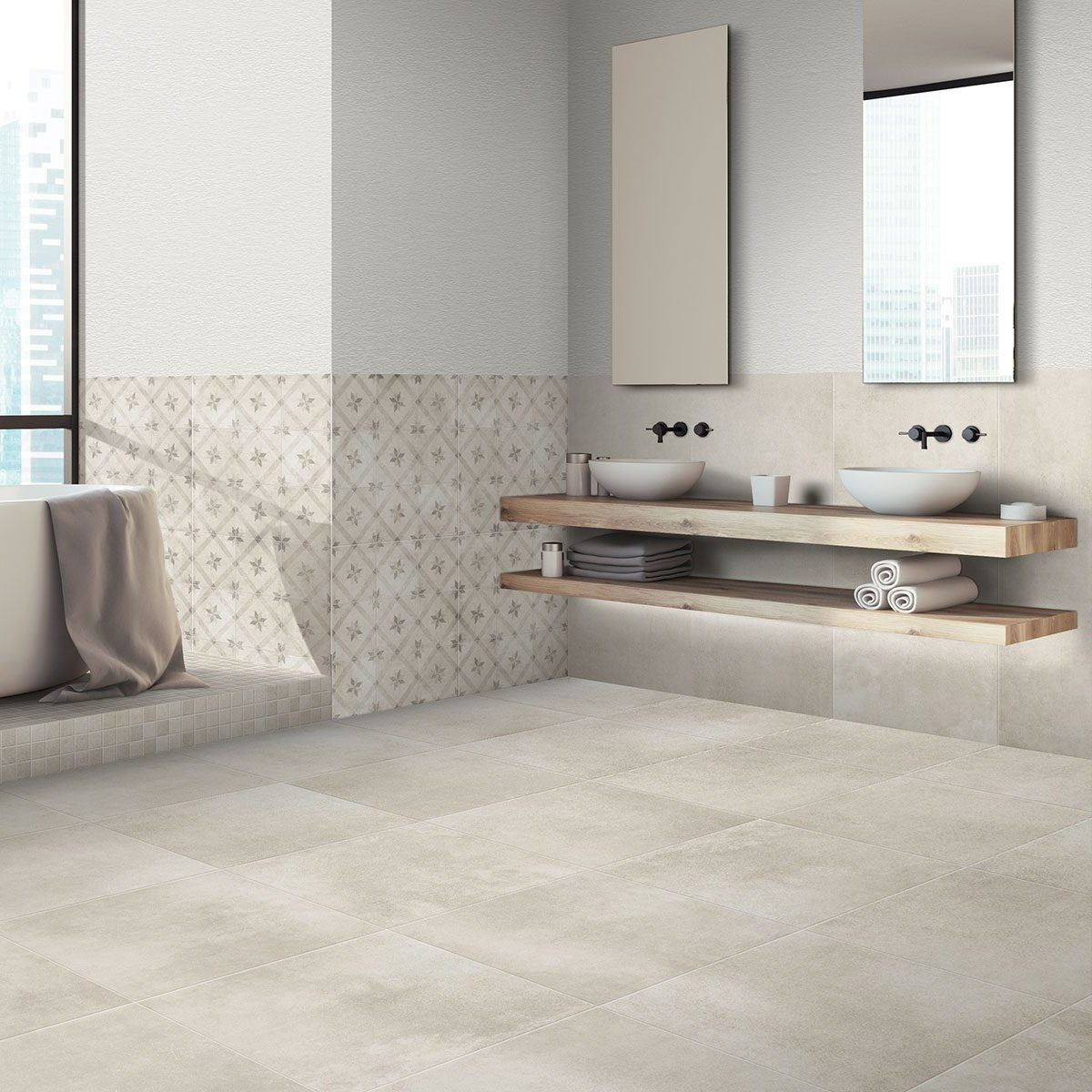 Ambientazione piastrella gres porcellanato effetto cemento Moon 30,5x61 Beige