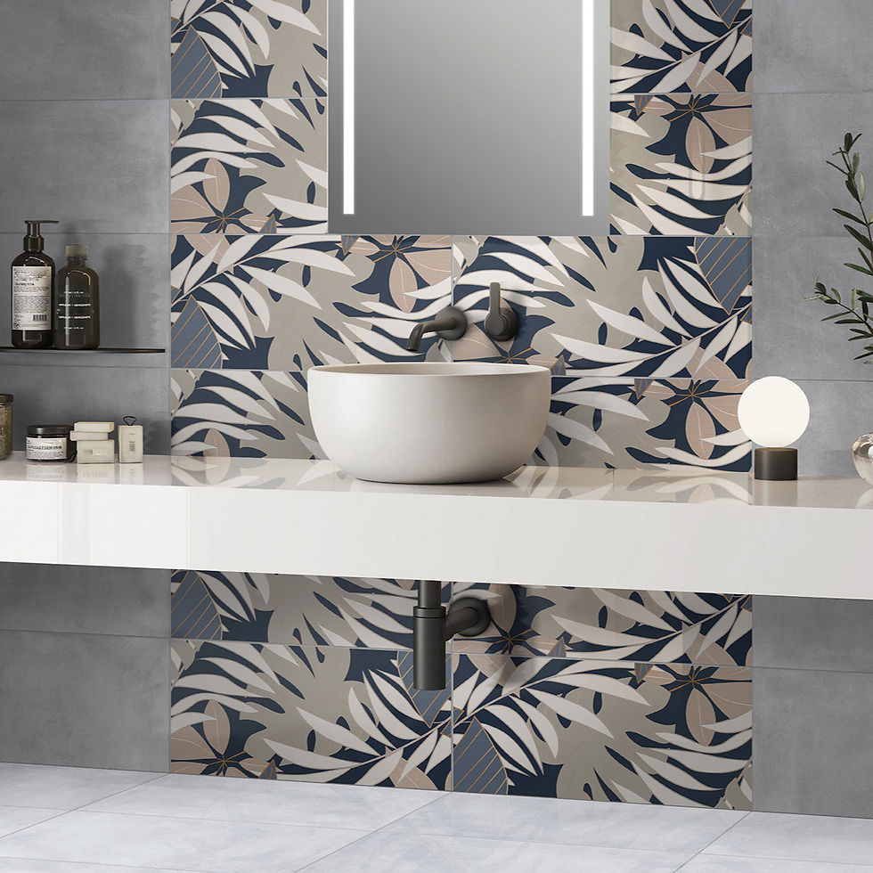 Ambientazione in un bagno con piastrella Mixart 30x60 Blue - grafica di foglie bianche, rosa, beige, verde scuro, sfo