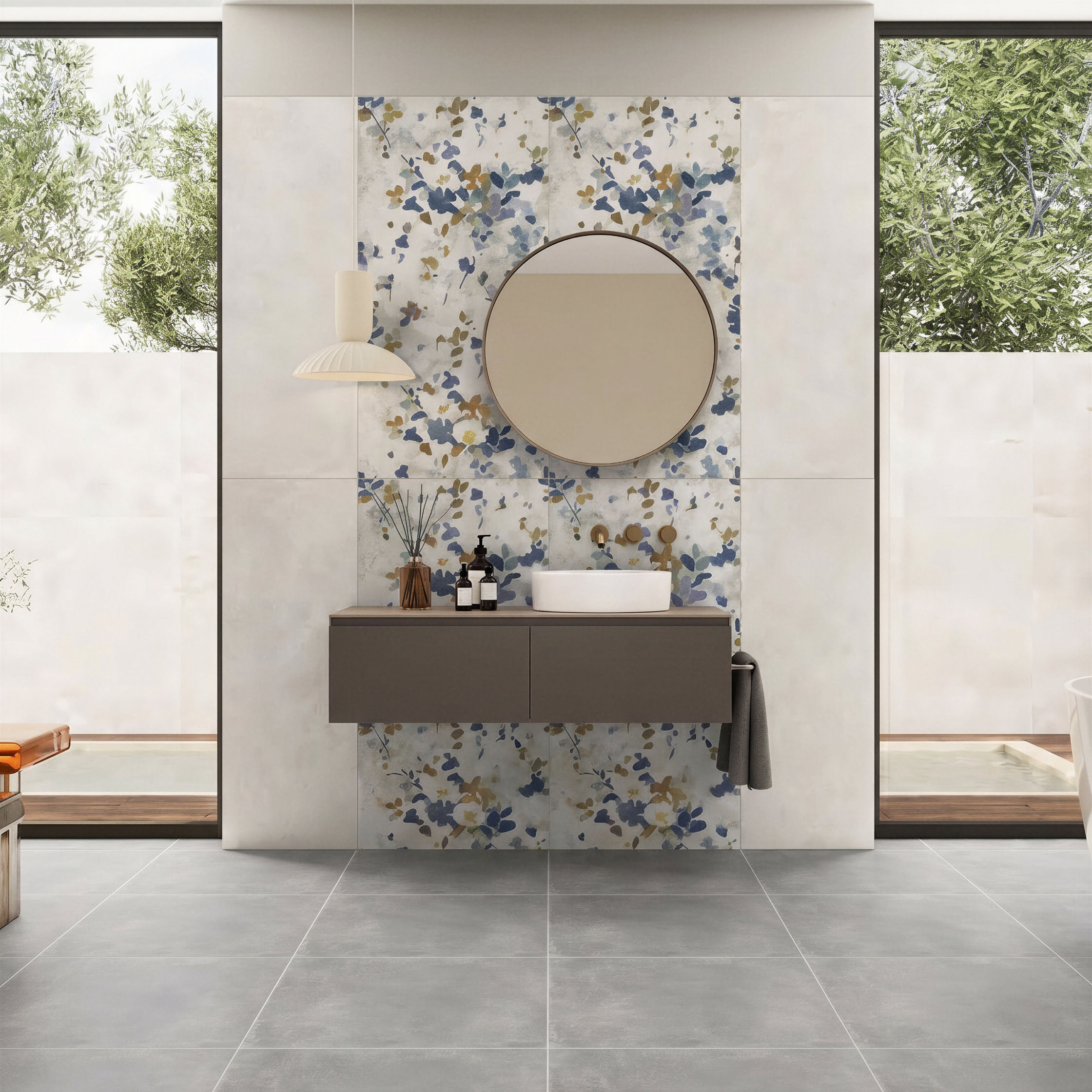 Ambientazione ingresso salotto piastrella gres porcellanato Cemento Decoro 60x120