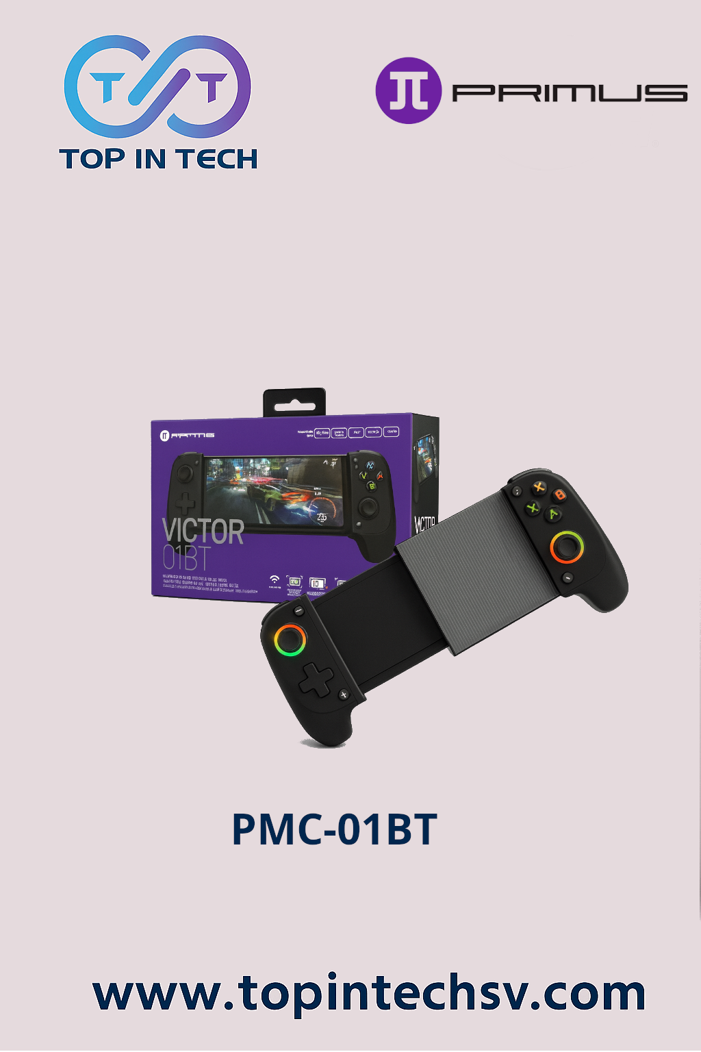 Control inalámbrico Primus Gaming con retroiluminación RGB y joysticks Hall 3D, compatible con múltiples plataformas.