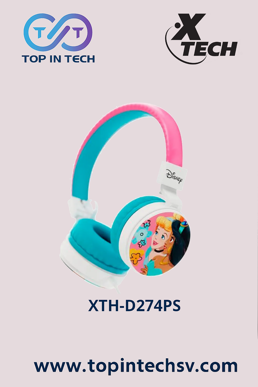 Audífonos con cable Xtech XTH-D274PS Disney Princesa con micrófono y almohadillas acolchonadas, conexión 3.5 mm, ideales para