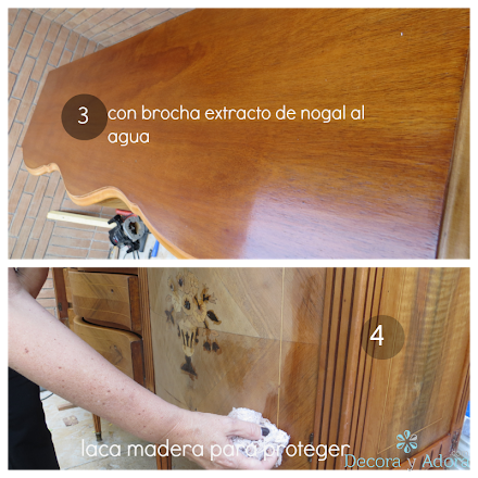 restaurar bife antiguo resaltando marquetería desgastada, con brocha extracto de nogal