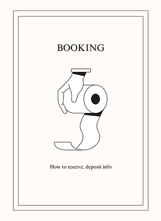 Minimalist illustration of a hand holding a toilet paper roll with the title ‘Booking’ and text ‘How to reserve, deposit info