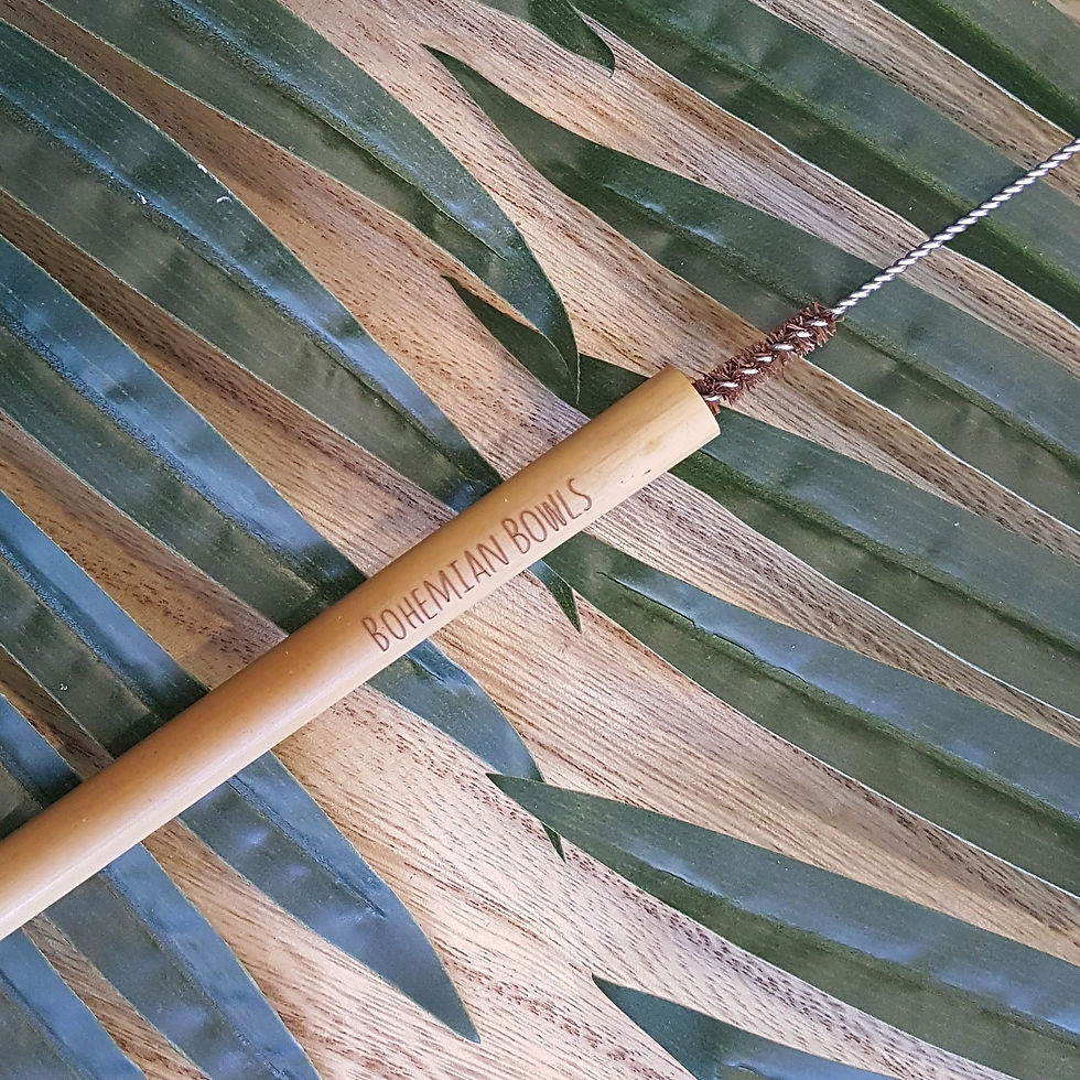 Thumbnail: Bohemian Bowls Close Up Of Bamboo Straw With Coconut Husk Straw Cleaner Flat Lay On Palm Leaf