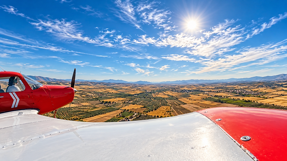 Light aircraft flying over the Spanish countryside during PPL SEP revalidation and hour building