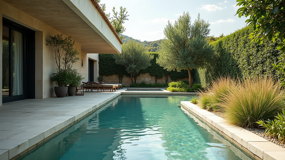 Vue en plongée d’un aménagement paysager avec terrasse et allée en pierre naturelle