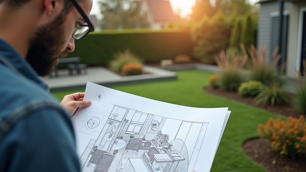 Vue à hauteur d'œil d'un paysagiste en train de dessiner un plan d'aménagement extérieur