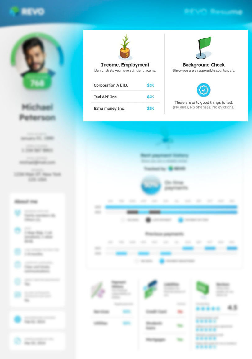 REVO Resume with income and background check section highlighted
