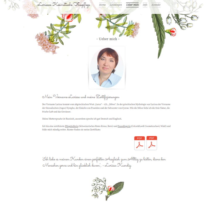 PrtScr der Seite "Über mich" der Website www.larissas-fusspflege.ch