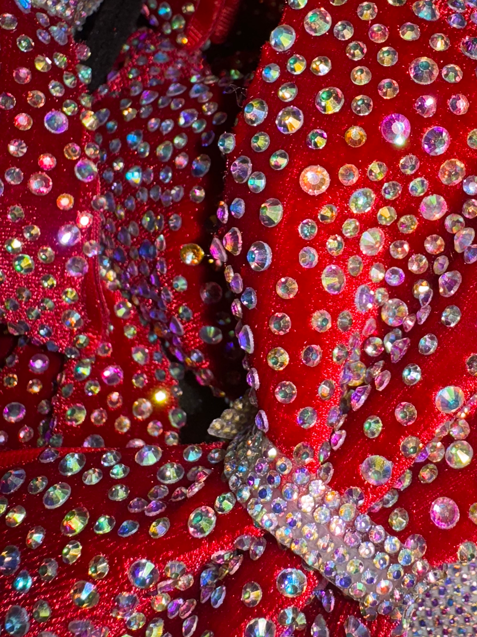 Thumbnail: RED velvet Rhinestone AB Cheer Bow