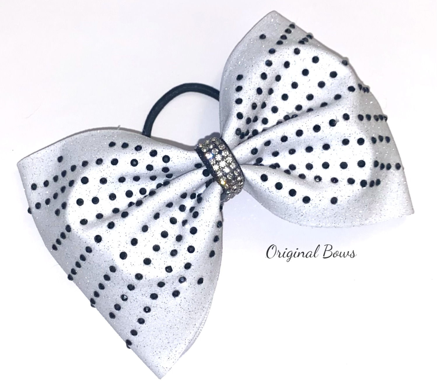 White Glitter Black Starburst Rhinestone Tailless Cheer Bow