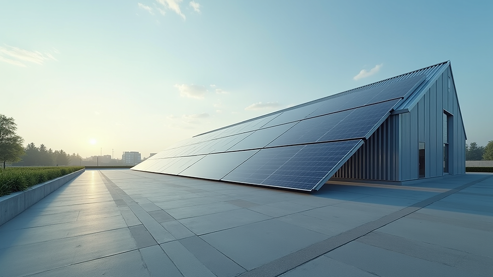 Wide angle view of a modern building with solar panels