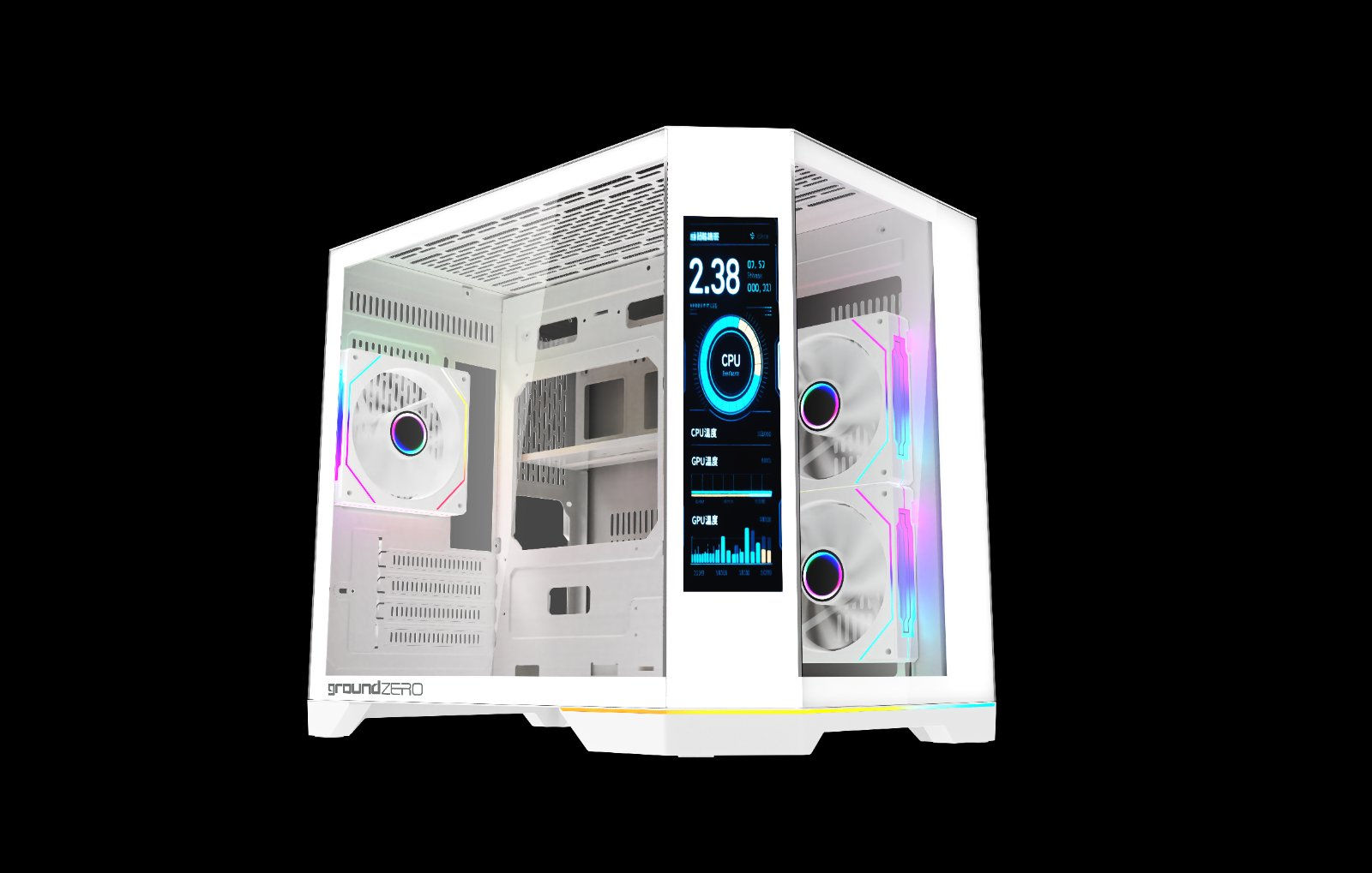 GROUND ZERO TECH VISION V2 WHITE MATX w/ 9.16" LCD Display 3x ARGB Mobo Sync Fan