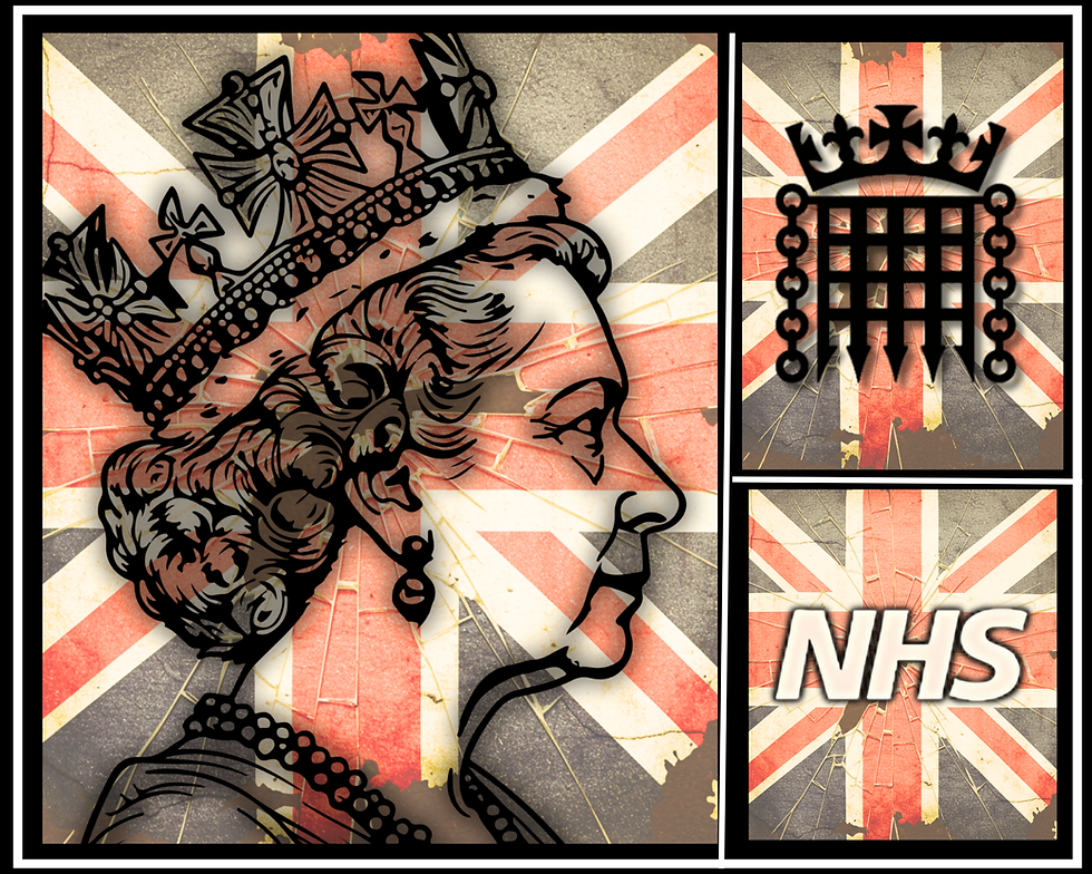 Profile of a queen in front of a Union Jack, alongside symbols of a crown, chains, and "NHS" text. The backdrop has a vintage look.