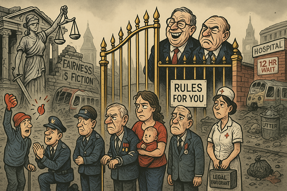People stand outside a golden gate labeled "Rules for You"; a decaying cityscape with "Fairness is Fiction" looms in the background.